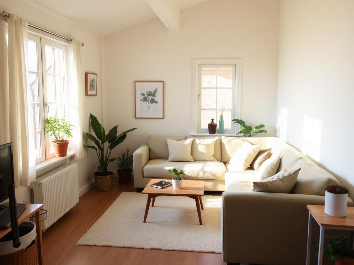 A bright, tidy shared living room with warm natural light and comfortable seating