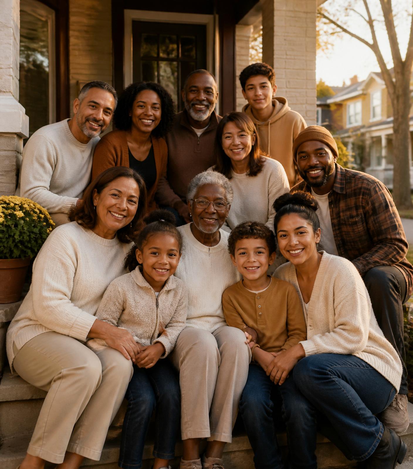 A diverse multigenerational family and community members gathered warmly on the porch of a neighborhood home